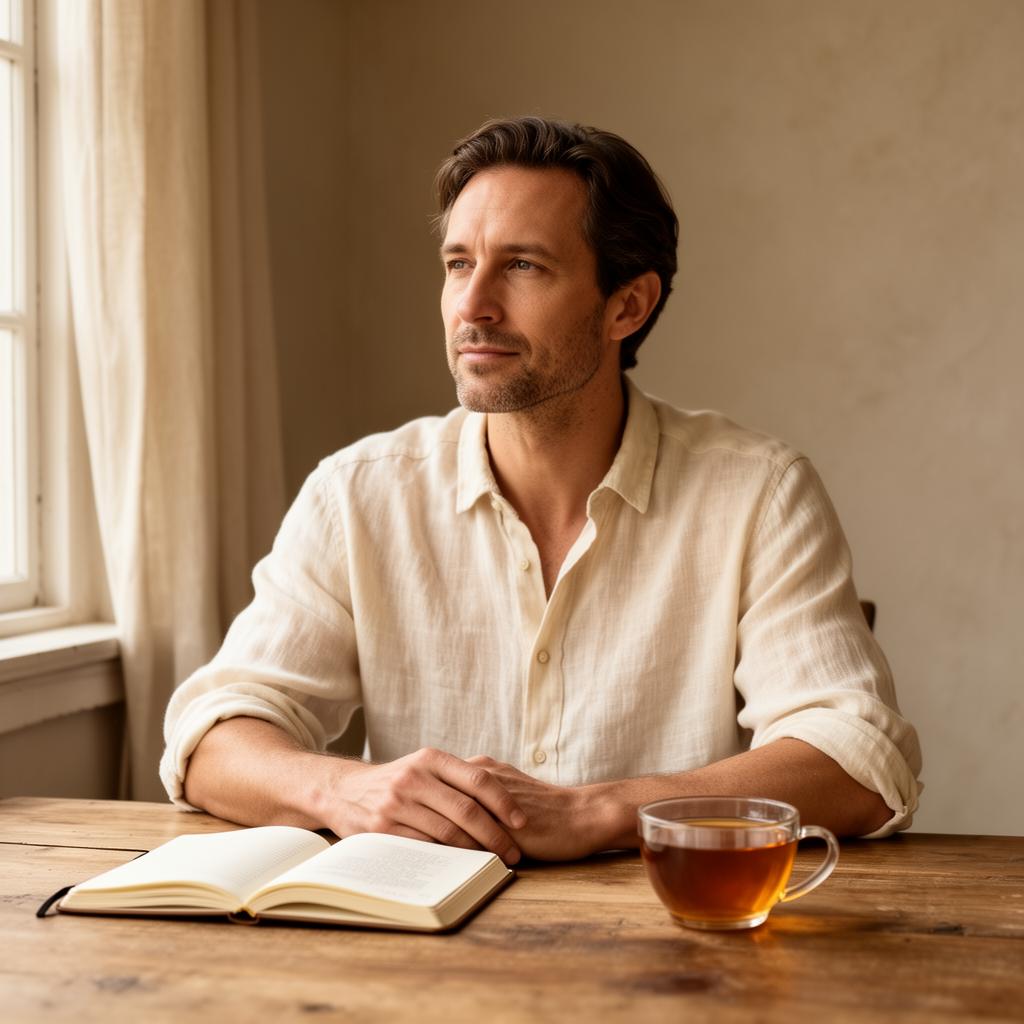 The founder, sitting at a sunlit desk with a journal and tea