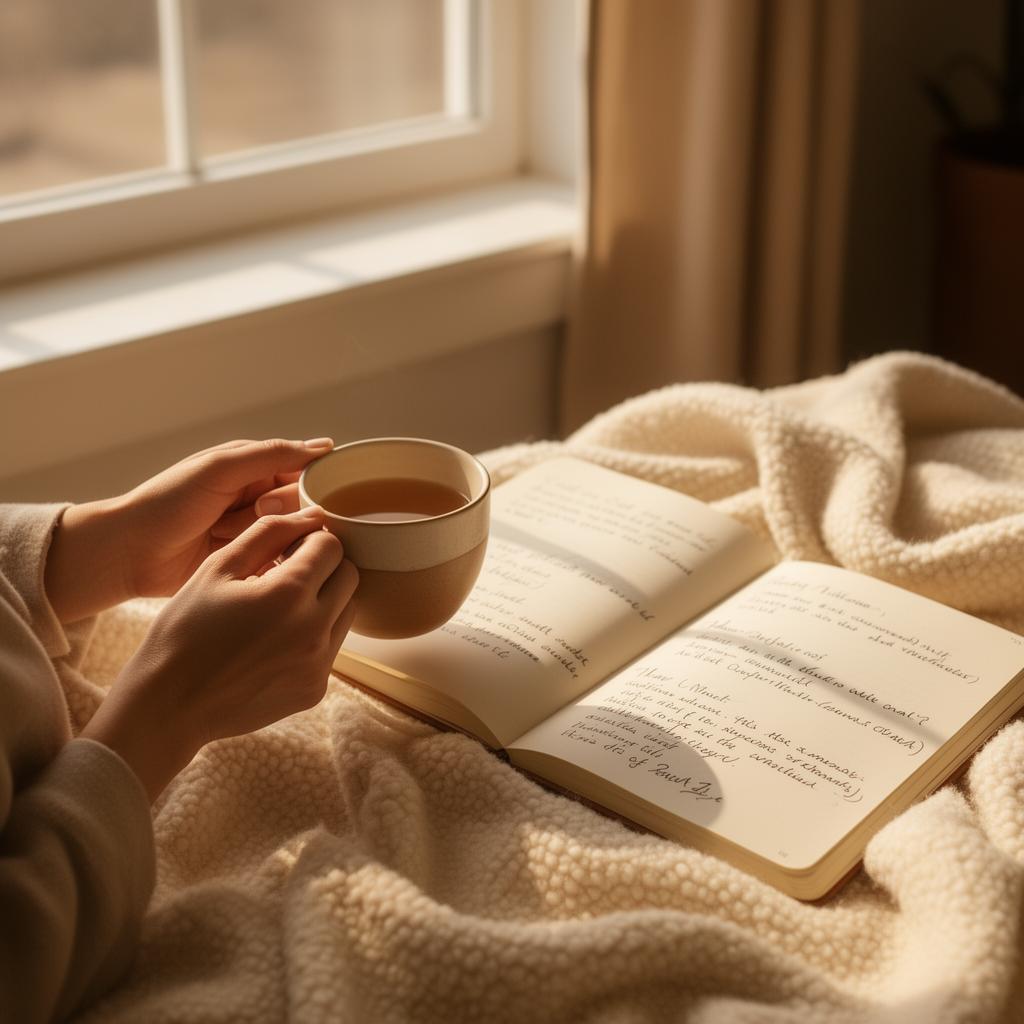 Hands cradling a warm cup beside an open journal in soft morning light